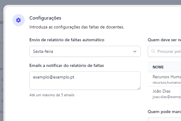 Configurações das faltas de docentes